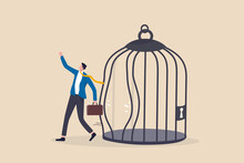 Escape From Routine Comfort Zone, Change To Experience New Challenge Or Break Free For Freedom Concept, Strong Ambitious Businessman Bended The Bar And Escape From Bird Cage Trap.