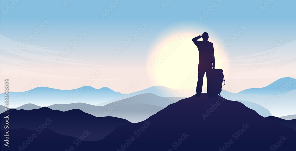 Man on top of the world - Silhouette of male person looking to the horizon, watching sunrise and the start of a new day. Hope and opportunity concept. Vector illustration. - obrazy, fototapety, plakaty 