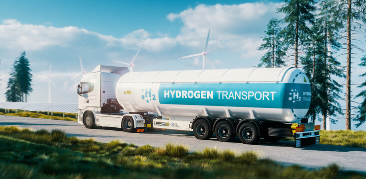 Hydrogen gas transportation concept. Truck with gas tank trailer in fresh nature with solar panel and wind turbine in background. 3d rendering.