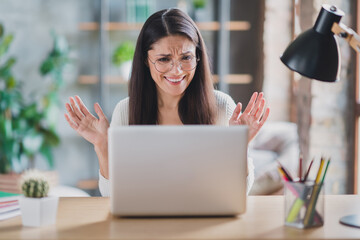 Sticker - Photo of upset woman sit table have work problem wear spectacles white pullover in living room home indoors