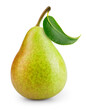 Pear isolated. One green pear fruit with leaf on white background. Green pear. With clipping path. Full depth of field. .