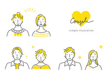Simple Line Art Illustration,  Expressive　couples In Bicolor, Smiling Face