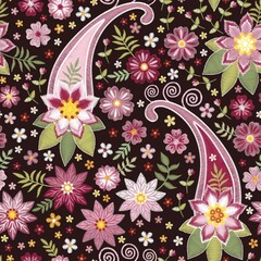 Wall Mural - Floral and paisley embroidery seamless pattern. Beautiful embroidered flowers in purple tones. Print for fabric, dress, curtains.