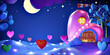 Sweet home in the shape of a pink heart at night with a starry sky, with plants in the shape of hearts and fireflies. 