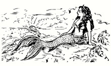 Mermaid Sitting On Rock And Looking On Ocean Landscape With Sunset. Ink Black And White Doodle Drawing In Woodcut Outline Style. Vector Illustration