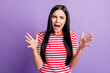 © deagreez - Photo of crazy angry girl raise arms open mouth yell wear striped red shirt isolated violet color background