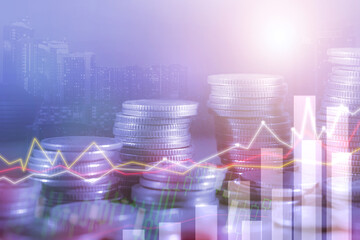 Wall Mural - Financial investment concept, Double exposure of city night and stack of coins for finance investor, Forex trading candlestick chart economic , ECN Digital economy, business, money, passive income..
