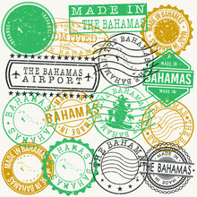 The Bahamas Set Of Stamps. Travel Passport Stamps. Made In Product. Design Seals In Old Style Insignia. Icon Clip Art Vector Collection.