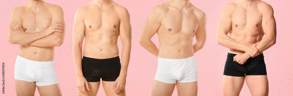 Handsome man in underwear on color background - obrazy, fototapety, plakaty 