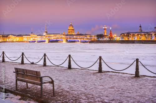 View of the Rostral Column, St. Isaac's Cathedral and the Kunstkamera  in St. Petersburg © yulenochekk