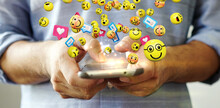 Man Using Smartphone Sending Text Messages Emoticon Icons. Social Media Concept, 3d Rendering