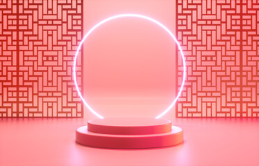 Aufkleber - Chinese background with podium and neon light for product display. 3d render.
