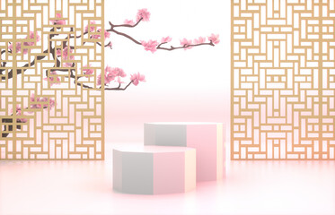Poster - Chinese background with podium for product display. 3d render.