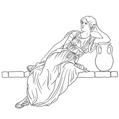 Wall Mural - A young slender woman in an ancient Greek tunic sits on a stone parapet next to a jug of wine. Figure isolated on white background.