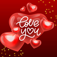 Sticker - Valentine card Love you with calligraphic lettering on a red background. Vector illustration.