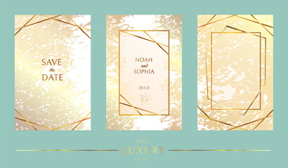 Gold frame. Luxury wedding invitations with golden geometric pattern. Vector. Three editable files for labels.