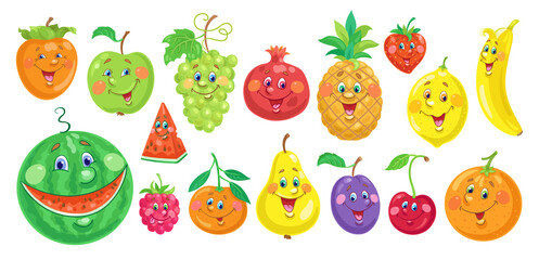 Sticker - Collection of funny colorful fruits. In cartoon style. Isolated on white background. Vector flat illustration.