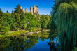 the ruins of the medieval castle of Herisson reflecting the peaceful Aumance river in Auvergne (France)