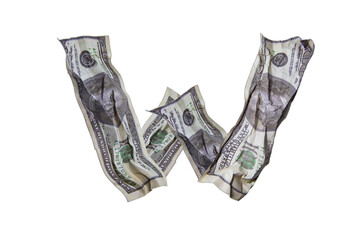 Font, letter W made of crumpled money, dollars