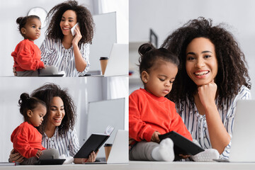 Wall Mural - collage of cheerful african american mother talking on smartphone near toddler daughter on desk