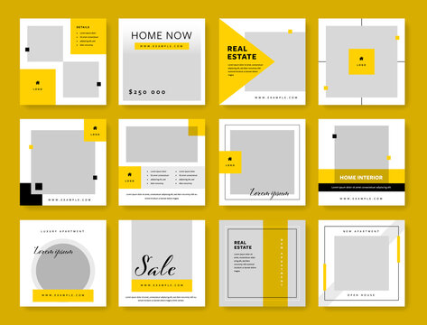 Wall Mural -  - Big set of social media layouts with yellow elements, Real estate templates for instagram and facebook, corporate business graphics for digital marketing