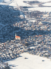 Wall Mural - Aerial view of Oberammergau church in the winter snow