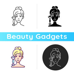 Sticker - Quartz facial roller icon. Reducing inflammation. Promoting wound healing. Preventing puffiness, wrinkles under eyes. Linear black and RGB color styles. Isolated vector illustrations