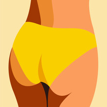 Vector Flat Design Illustration On The Theme Of Summer And Summer Holidays. Tanned Beautiful Female Buttocks In A Bright Yellow Swimsuit On The Beach. Can Be Used For Web Design, Flyers, Posters.