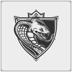 The emblem with king cobra for a sport team. Print design for t-shirt.