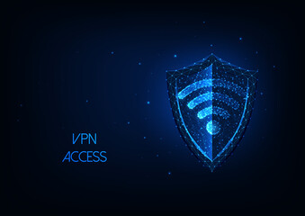 Wall Mural - Futuristic VPN cvirtual private network oncept with glowing low polygonal shield and wifi symbol