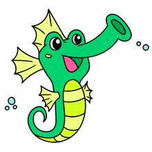 Cute Green Seahorse With Cute Face, Doodle Icon Image Kawaii