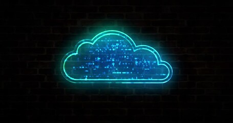 Wall Mural - Cloud symbol, digital data storage, computer technology, online database and cyber computing neon sign on brick wall loop concept. Abstract 3d rendering loopable and seamless animation.