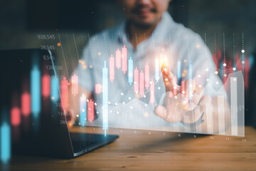 Poster - business finance technology and investment concept. Stock Market Investments Funds and Digital Assets. businessman analysing forex trading graph financial data.