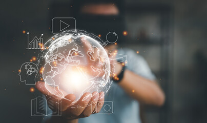 Fototapete - man wearing VR glasses and accessing the Technology Internet, multimedia, Storage Network connection Concept And a large database big data Through internet technology.
