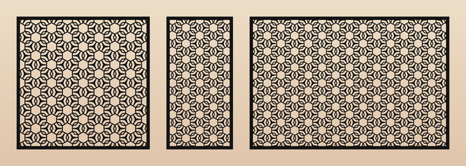 Laser cut panel collection. Vector geometric pattern with hexagon grid, delicate mesh, floral ornament. Stencil for laser cutting of wood, metal, plastic, decorative panel. Aspect ratio 1:1, 1:2, 3:2