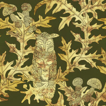 Seamless Pattern In Antique Gold Color With Patina. In A Thicket Of Flowering Thistles Sits A Totem Owl With The Head Of A Buddha.