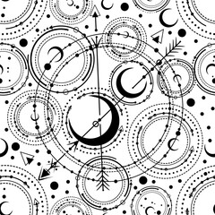 vector illustration, astronomical geometry, moon, stars, handmade, seamless pattern, light backgroun