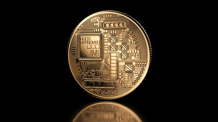 Golden bitcoin coin on black reflective background. Popular digital currency. Cryptocurrency created, distributed, traded, and stored in decentralized ledger system known as a blockchain. 