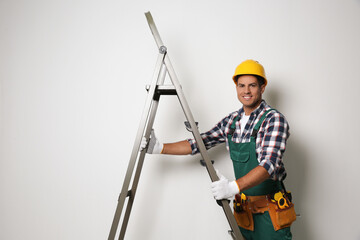 Sticker - Professional builder with metal ladder on light background