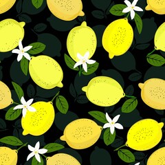 Wall Mural - Lemon pattern. Seamless decorative background with yellow lemons. Bright summer design on a sea-green color background.