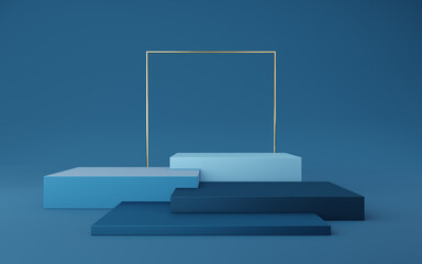 Wall Mural - Empty blue cube podium and gold square on blue background. Abstract minimal studio 3d geometric shape object. Mockup space for display of product design. 3d rendering.