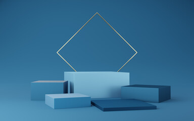 Wall Mural - Empty blue cube podium and gold square on blue background. Abstract minimal studio 3d geometric shape object. Mockup space for display of product design. 3d rendering.