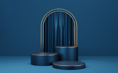 Wall Mural - 3 Empty blue cylinder podium with gold border on blue arch and curtain background. Abstract minimal studio 3d geometric shape object. Mockup space for display of product design. 3d rendering.