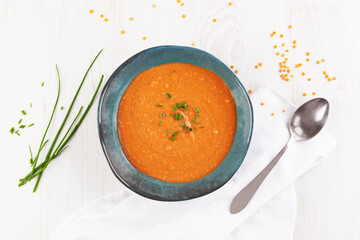 Poster - Delicious homemade soup from organic red lentil, vegetable and garlic.