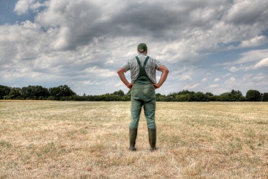 a farmer stands in the middle of his parched meadow, hoping for rain. rising temperatures, longer pe