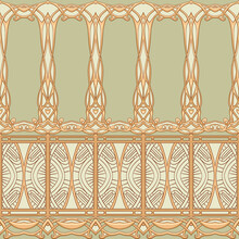 Seamless Pattern, Border. Wood Carving Imitation In Art Nouveau Style, Vintage, Old, Retro Style. Colored Vector Illustration In Soft Green And Beige Colors.