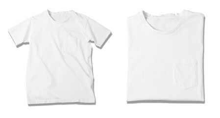 Wall Mural - Basic white Tshirt isolated on white background. Mock up for branding t-shirt with pocket. 