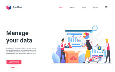 Poster - Manage your data concept vector illustration. Cartoon business people team in data information processing workflow, teamwork on planning process research, digital files management landing page