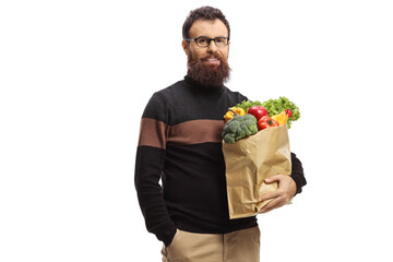 Poster - Bearded man with glasses standing with groceries in a paper bag