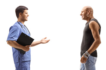 Poster - Doctor in a blue uniform talking to a male hipster